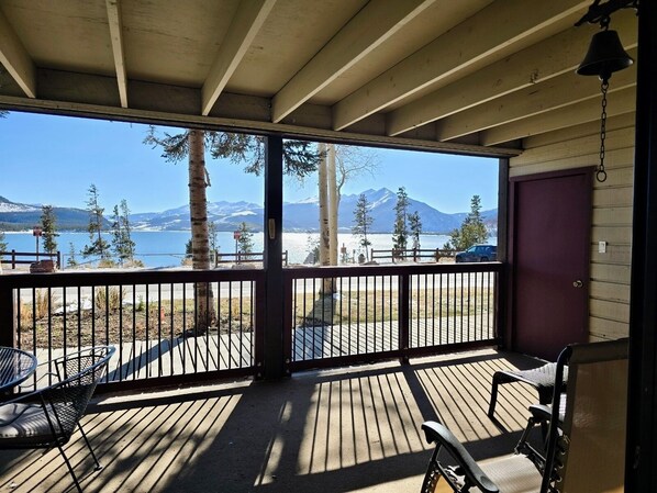 Beautiful view of mountains and lake from patio.