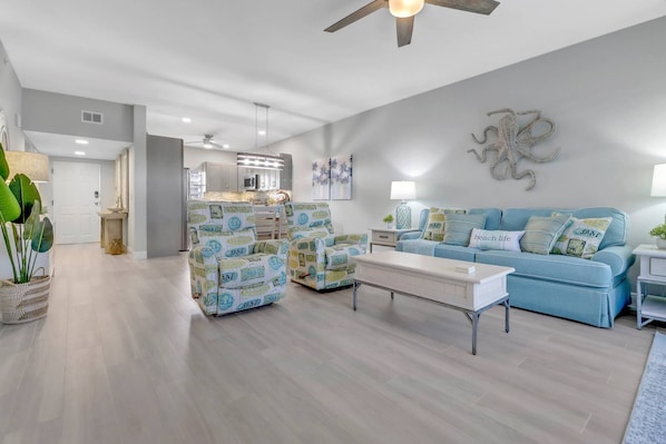 The remodeled and updated condo is decorated in a fresh, coastal theme; you'll know you're at the beach the minute you step through the door.