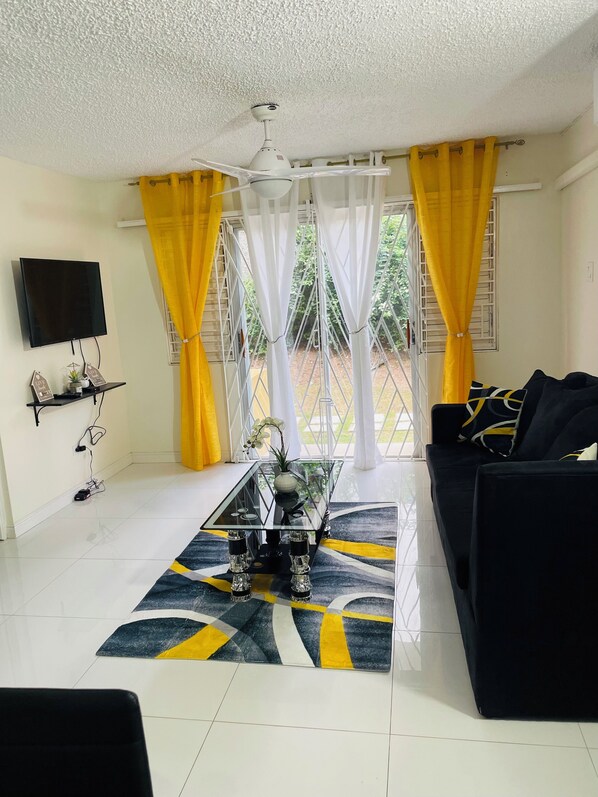 Spacious living room with AC, TV