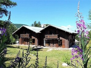 This charming chalet, with its classic wooden exterior and inviting balcony, is nestled amidst a verdant alpine landscape. The surrounding greenery and vibrant wildflowers create a picturesque backdrop, hinting at the tranquility and natural beauty that a