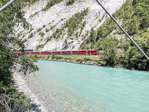 Water, Mountain, Slope, Railway, Vehicle, Watercourse, Tree