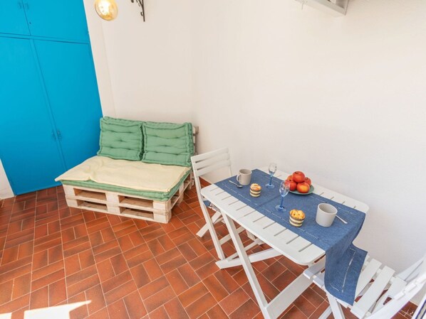 Furniture, Table, Blue, Building, Orange, Couch, House, Wood, Interior Design, Outdoor Furniture