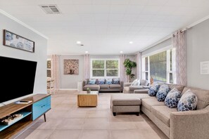 Spacious living room with seating for the whole family