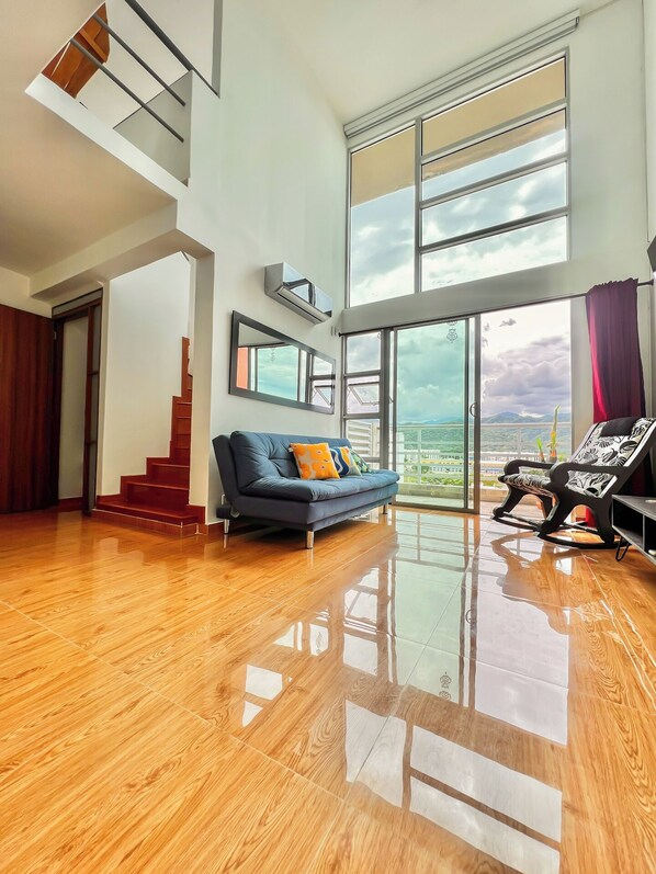 Spacious, beautiful living room, with AC, TV, sleeper sofa (double), balcony