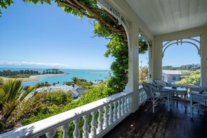 The veranda with spectacular views of Tasman Bay and the mountains beyond