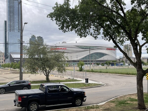 Steps to Rogers Place. This is how close condo is to Rogers place. Picture taken from condo front steps.