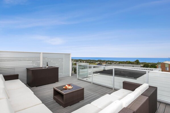 Private rooftop terrace with breathtaking 180-degree ocean views from Point Lonsdale lighthouse to the Barwon Heads Bluff