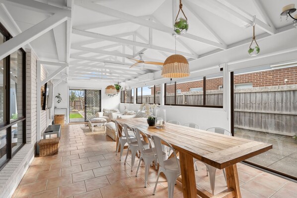 The large enclosed entertaining area is perfect for gatherings