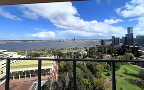 Sneak peak .. see all the way to South Perth and beyond! Kings Park and Elizabeth Quay to the right, The Supreme Court Gardens & Perth Concert Hall below, and the iconic Hay St & St George's Tce to the left. 