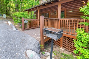 Entryway with charcoal park-style grill