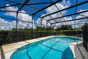 Pool showing screen enclosure and privacy hedge around exterior of pool