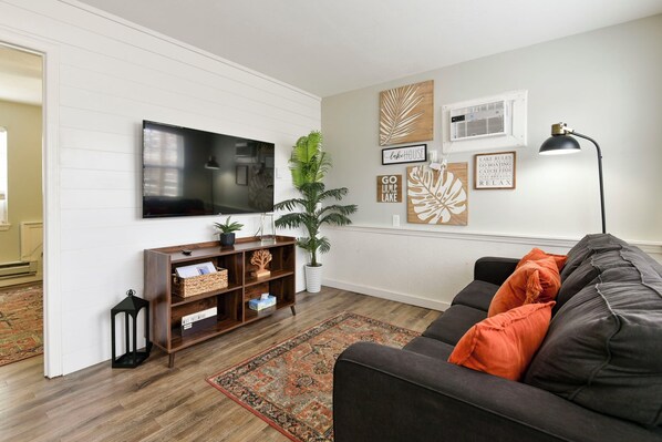 Living room with wall AC unit and Roku TV