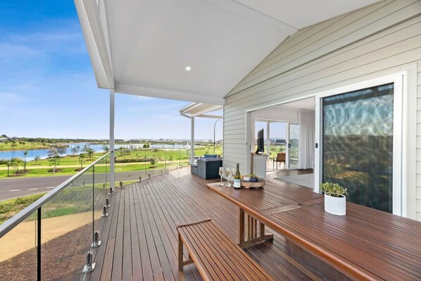 Large wrap around deck overlooking the beautiful waterways, opposite the family friendly park!