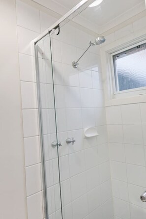 Downstairs bathroom with shower and toilet