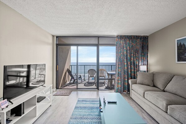 The ocean front living room is fabulous for movie night with the family.