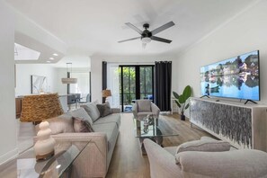 Living area seating, pull out sofa + smart TV