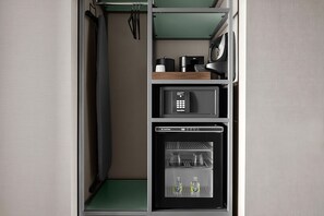 Unit with mini fridge, coffee/tea maker and safe