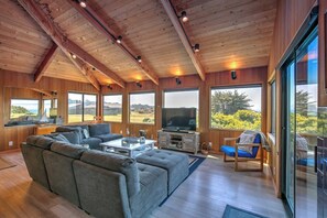 Living room with smart TV and gas fireplace