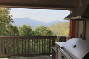 Back porch with gas grill and Grandfather Mountain View