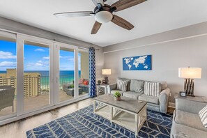 Living Room with Ocean Views, Flat Screen TV, Sleeper Sofa and Direct Balcony Access