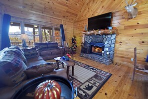 Main Level Living Area with Wood Burning Fireplace