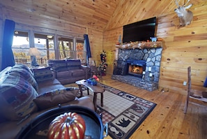 Main Level Living Area with Wood Burning Fireplace