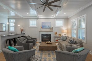 Living Room with Fireplace and Bar/Coffee Station