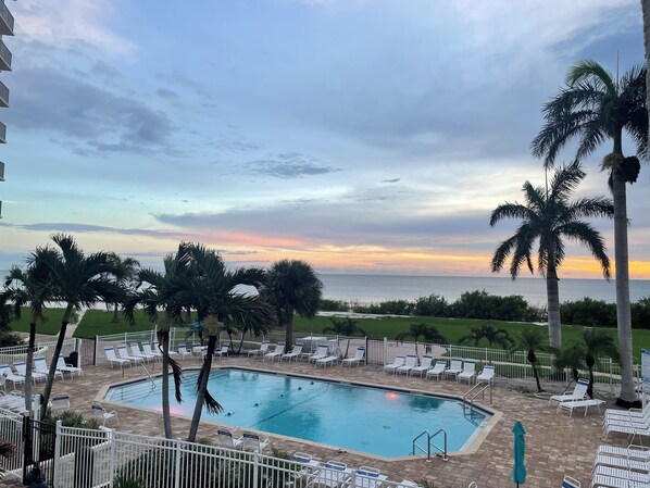 View from balcony. Beach is on other side of the shrubbery.