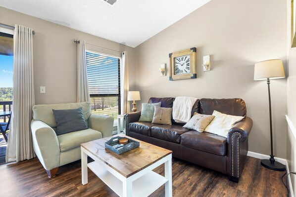 Curl up in the serene living room & enjoy a movie night at home!