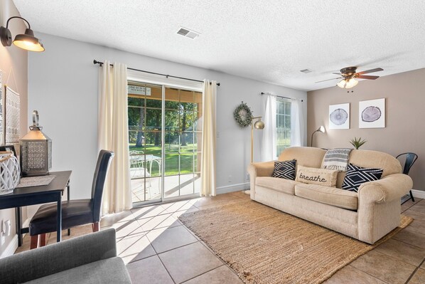 Curl up on the queen sleeper sofa & enjoy a movie night in the living room