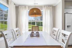 The dining table offers seating for 6