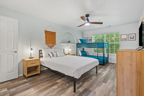 Bedroom #1 with Queen Bed and Twin over Twin Bunk Beds