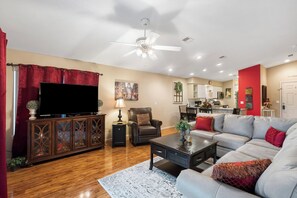 Living, dining, and kitchen area