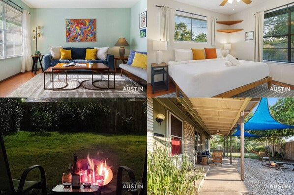 Bright, stylish interiors meet relaxing outdoor spaces—enjoy cozy nights by the fire, city views, and a covered patio in the heart of Austin!