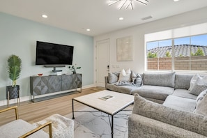 Decorative living room and a large sectional sofa