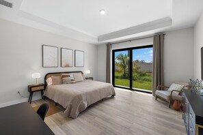 Warm tones & glass doors let you feel like you're outside. A 55" smart tv too!