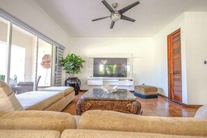 Large, flat-screen TV
Ample, comfortable couches for TV watching or just to kick back and relax
Air-Conditioned plus ceiling fan.
Huge, granite-topped coffee table on a carved wooden base
Credenza