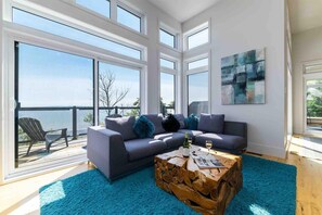 Relax in this lakeside living room.