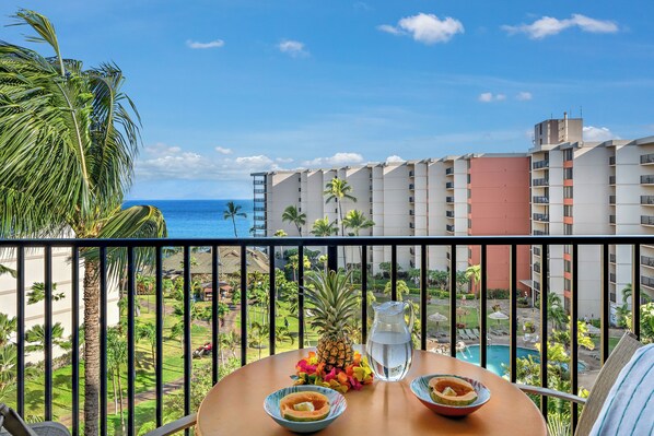 Kaanapali Shores 746 boasts lush resort views with a sparkling ocean backdrop.