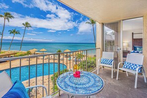 Sip a cool drink on the lanai of Royal Kahana 213 while enjoying stunning views of the pool and ocean.