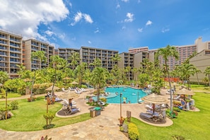 Relax by the tranquil pool at Kaanapali Shores, featuring cascading waterfalls and peaceful paths.