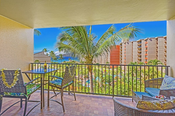 Start or end your day on the balcony at Kaanapali Shores 544 with ocean and garden views.