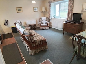Lounge and dining area with sofa, armchair, dining table and chairs