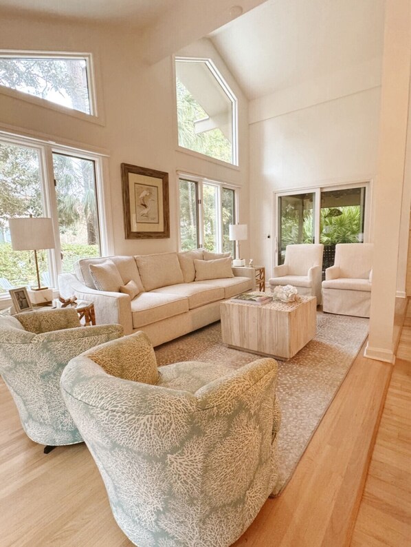 Living room with pool view
