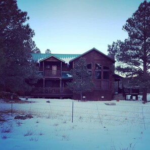 Winter front view of our cabin