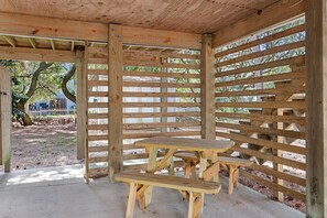 Enjoy outdoor dining on warm days in the shade.