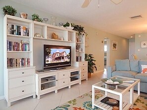 Living Area - Flat-screened television and books for your enjoyment.