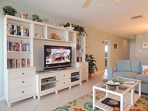 Living Area - Flat-screened television and books for your enjoyment.