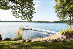 Private beach, dock, and lake access. You can rent a boat and dock it here. Dock is in from roughly mid-April to mid-October.
