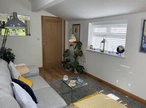 Looking into the lounge from the balcony.